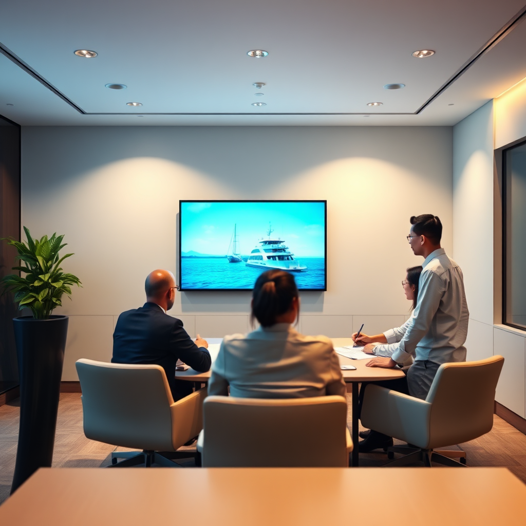 Create a photorealistic image that represents consultancy services at A2 DYNATECH SOLUTIONS SDN BHD. Feature a meeting room with consultants discussing plans over a digital screen displaying marine projects. Utilize soft, focused lighting to create a professional environment. The color palette should include light tones that signify professionalism, with accents of blue for marine relevance. Include textures from furniture and digital displays to detail the scene convincingly. Maintain high-quality resolution.