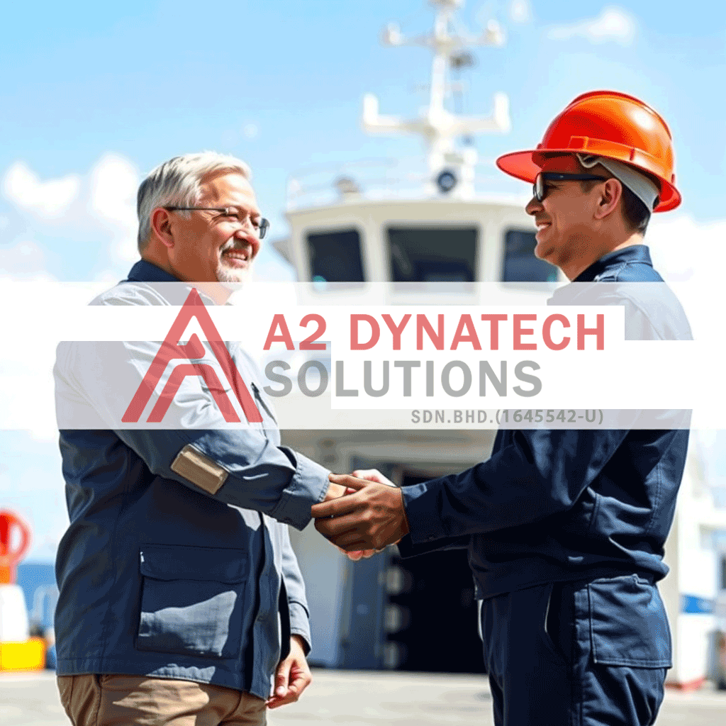 Design a photorealistic image highlighting A2 DYNATECH SOLUTIONS SDN BHD's commitment to clients. Feature a satisfied client shaking hands with an engineer in front of a service vessel. Use bright, natural lighting to convey positivity and successful collaboration. A color palette of sky blues and whites should create an inviting atmosphere. The scene should include the vessel in the background, showcasing our service capabilities. The focus should be on expressions of gratitude and satisfaction. Maintain high-resolution clarity.